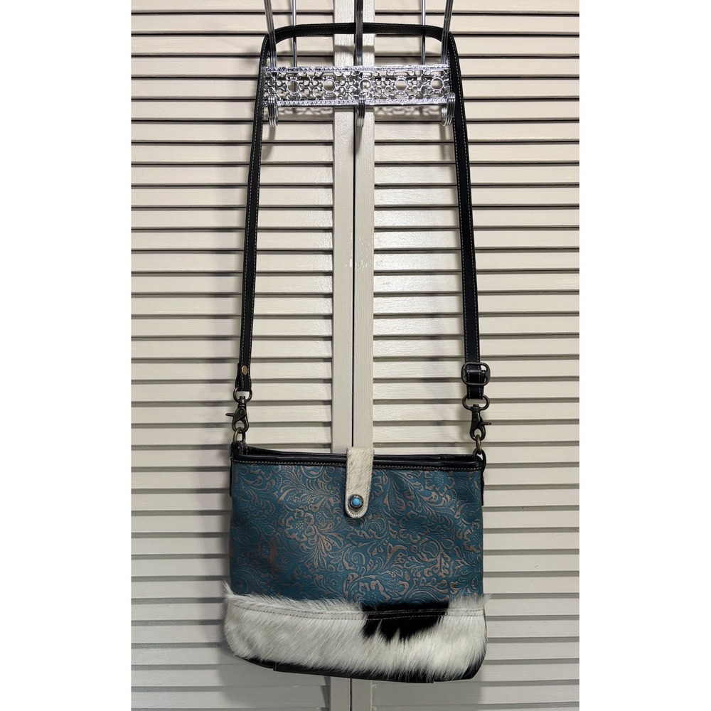 Myra Hair On Black/White Leather Turquoise/Rose‎ Gold Hand Tooled Shoulder Bag